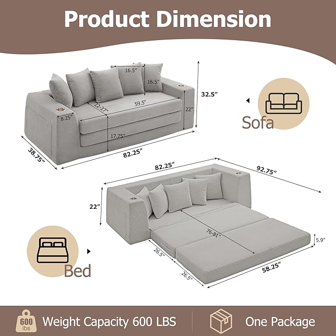 82 Oversized Loveseat Pull Out Sofa 2 in1 Convertible Loveseat Sofa with Pillows Corduroy Folding Couch Bed with Deep Seat Boneless Couch for Small Room No Assembly Required Light Grey