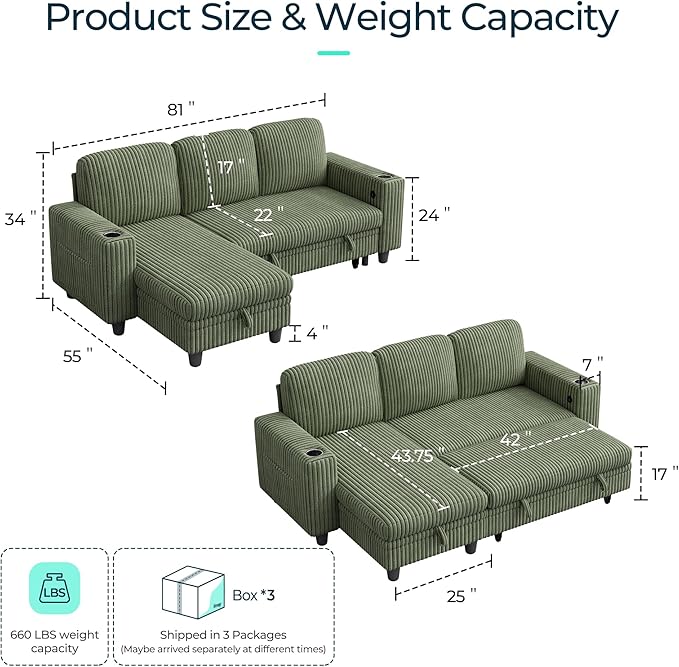 LINSY HOME Pull Out Sleeper Sofa Sectional Couches for Living Room L Shaped Plush Corduroy Couch with Storage&ampUSB Charging Convertible Cloud Sectional Sofa Bed for Apartment Green