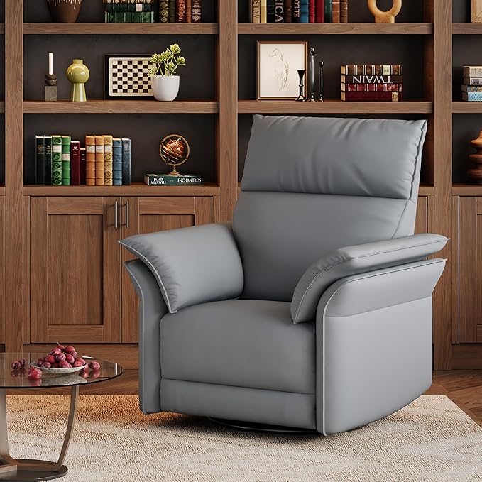 IDEALHOUSE Power Recliner Chair 270° Swivel Rocking Glider with USB Charging Port PU Leather Upholstered Fabric and Double-Layer Armrests Nursery Chair for Living Room Nursery (Power Grey)