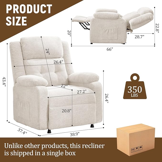 Power Recliner Chair Living Room Chairs for Adults Oversized Electric Recliner with Side Pockets Chenille Fabric Reclining Chair for Living Room Bedroom