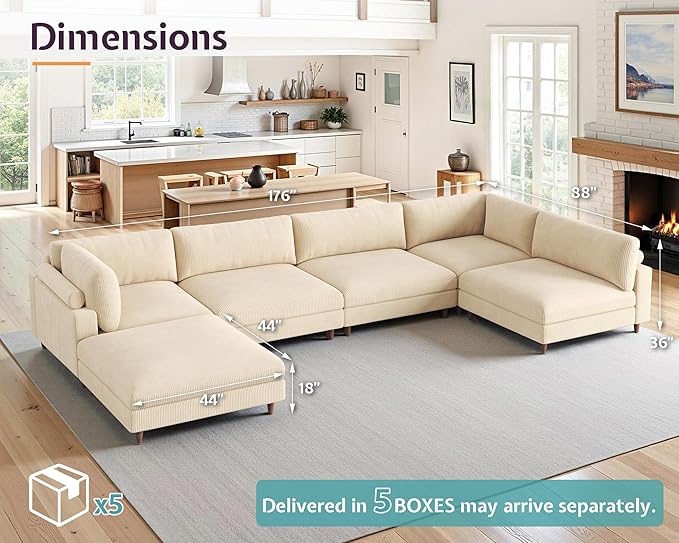 Jocisland Modular Sectional Sofa with 44 Extra Deep SeatOversized 6-Seater Modular Sofa for Plus-Size &amp Big Families Sectional Couch for Living Room Easy Assembly Grey Corduroy