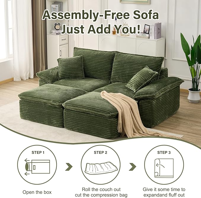 Convertible Sofa BedSleeper Sofa with Deep SeatComfy Corduroy Fluffy Boneless Couch with Movable OttomanCloud Couch for Small PlaceNo Assembly Required.（LoveseatGreen）