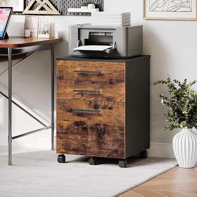 HOOBRO 3-Drawer File Cabinet Wooden Under Desk Filing Cabinet fits A4/Letter Size for Home Office Small Rolling Storage Drawer Chest Printer Stand with Drawers Rustic Brown and Black BF02WJ01G1