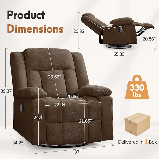 Rocker Recliner Chair for Adults 360° Swivel Rocker Recliner with Massage and Heating Nursery Rocking Chairs with Side Pockets Manual Reclining Chair for Living Room Bedroom or Nursery