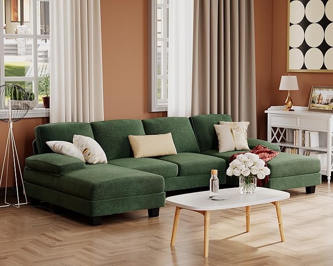 Furmax Sectional Couches for Living Room U-Shaped Sofa Couch with Linen Fabric 4 Seat Sofa Set with Double Chaise for Apartment (Fabric Green)