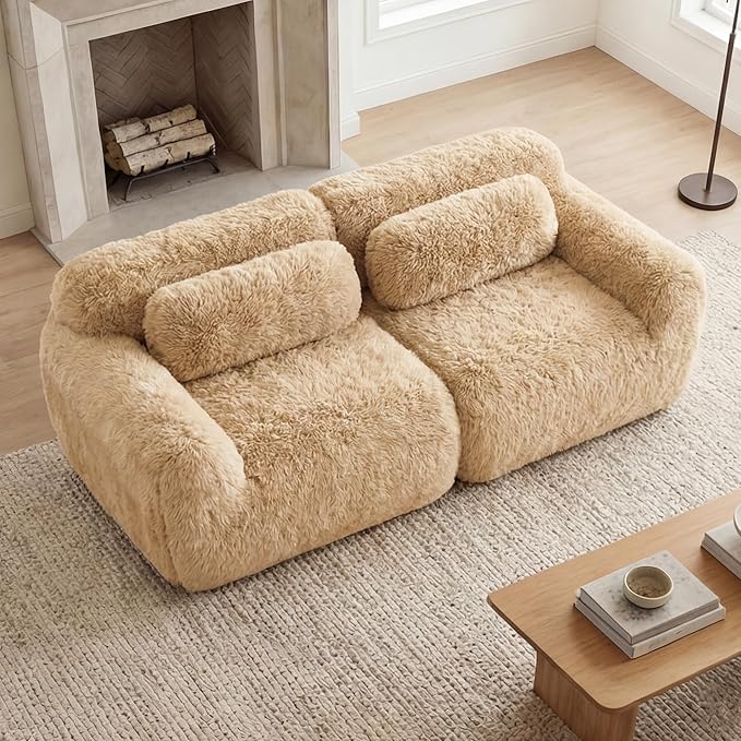 80.4-Inch Boneless Love Seat Couches in a Box Modern 2 Seat Floor Modular Foam Cloud Sofa Faux Fur Loveseat Couch W/Angle Armrests for Home Apartments Bedroom