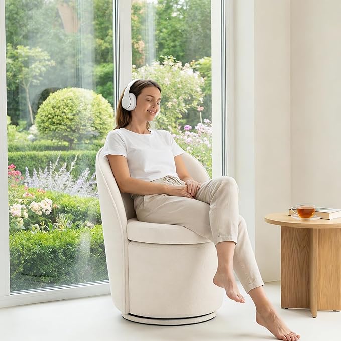 Rowill 360 Degree Swivel Vanity Chair with Back Modern Round Upholstered Accent Chairs Boucle Fabric for Living Room Reading Nook Makeup &amp Vanity Chair Easy Assembly White