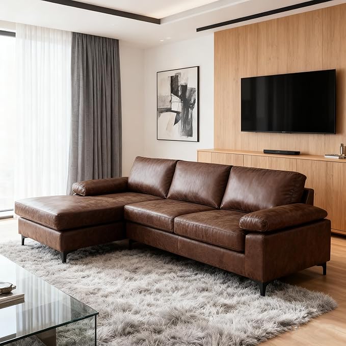 VANOMi 100 Couches for Living Room Faux Leather Sectional Sofa with Chaise Convertible L-Shape Sofa &amp Couches for Living Room3 Seater Apartment Right/Left-L-Shaped Dark Brown | Adjustable C