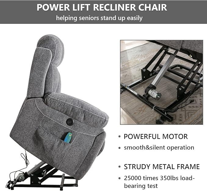 CANMOV Large Power Lift Recliner Chairs with Massage and Heat for Elderly Big People Heavy Duty Motion Reclining Mechanism-Anti Skid Fabric Recliner Chair with 2 Concealed Cup HoldersDark Gray