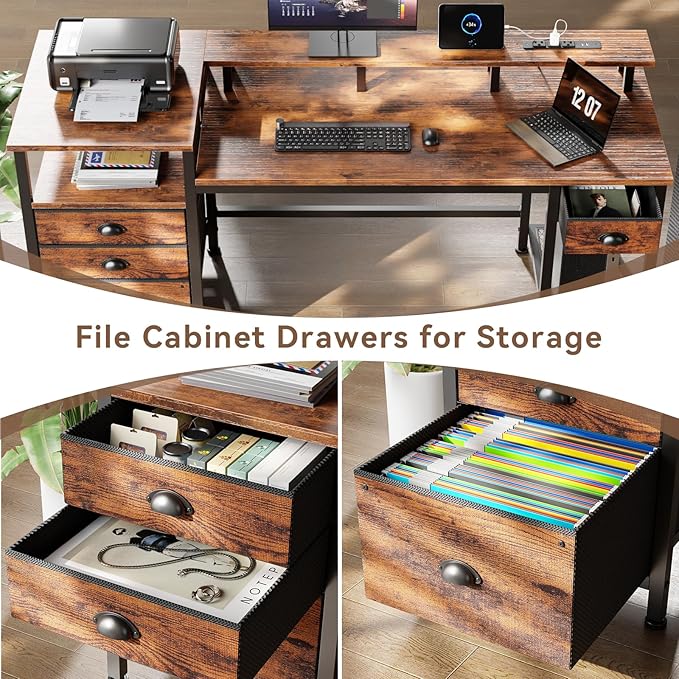 Furologee 60 Computer Desk with File Cabinet and Storage Shelves Reversible Home Office Desk with LED Lights Full Monitor Stand Power Outlets Study Gaming Table with 4 Drawers Rustic Brown