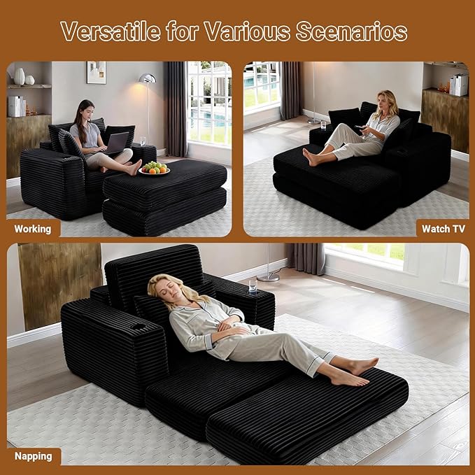 53 Oversized Chaise Lounge Chair Indoor Modular 3-in-1 Corduroy Boneless Chair Cloud-Like Cozy Comfy Sofa Bed Sleeper Couch for Reading Living Room Bedroom Black