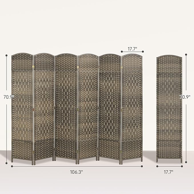 HOMCOM Room Divider 6 Ft 6 Panel Folding Privacy Screen Hand-Woven PP Wall Partition with Pine Wood Frame Freestanding Room Separator for Bedroom Home Office No Assembly Dark Rustic Oak
