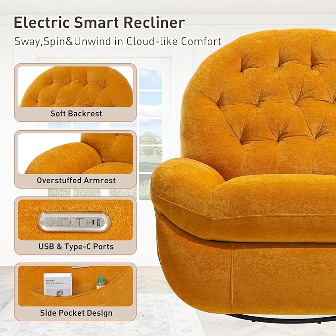 EONIX Stylish Power Swivel Rocker Recliner Chair for Living Room Rocking All Positions Dual Motor Independently Controlled Backrest and Headrest SXXY005021 Orange
