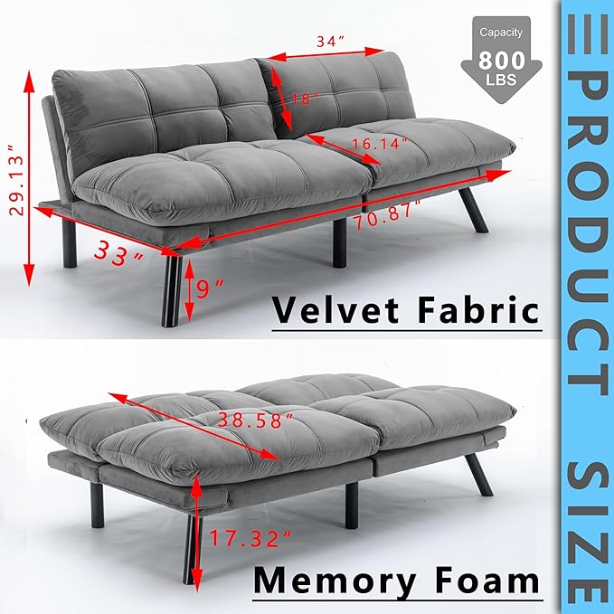 71 Velvet Futon Couch Bed with Mattress IncludedConvertible Folding Sleeper Sofa Bed with Adjustable BackrestsModern Loveseat Sleeper for Living Room Bedroom Small Space Home Office (Grey)