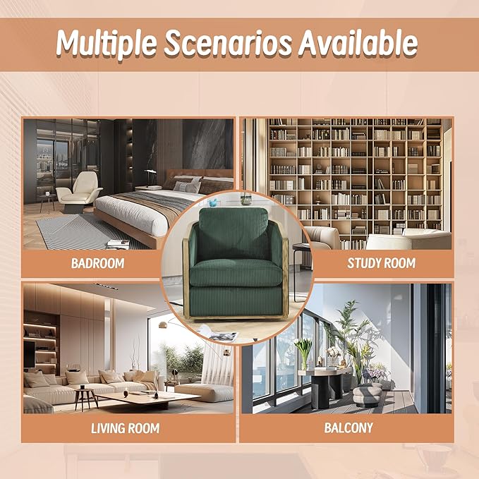360 Degree Swivel Barrel Club Chair Comfortable Accent Sofa Chair for Living Room Leisure Armchair with Sturdy Hardwood Frame and Metal Base for Nursery Hotel Bedroom Office Lounge (Emerald)