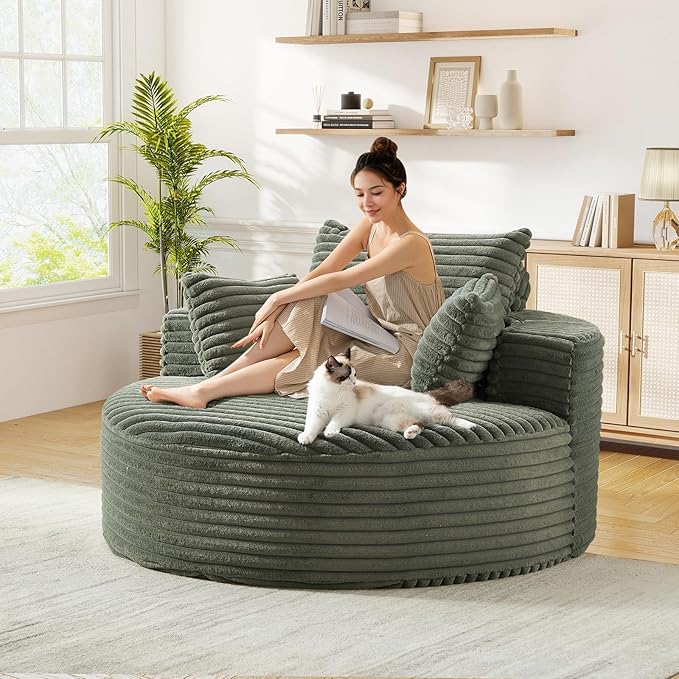Modern Round Accent Sofa Chair for Living Room Upholstered Corduroy Barrel Lounge Arm Chair with Large seat&ampThrow Pillows for Bedroom Office Apartment Green