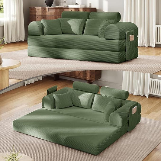 Upgraded 79 High Backrest Sofa Bed with Fixed Frame Corduroy Fabric Convertible Couch for Small Spaces Removable Armrests &amp Backrest No Assembly Required (High Backrest Olive Green) | Converti