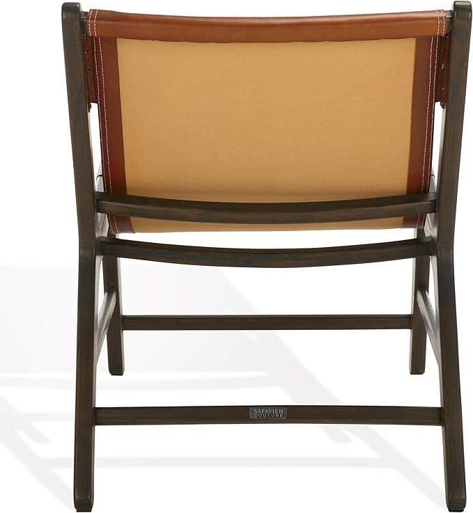 SAFAVIEH Couture Collection - Alanarose Walnut Brown Solid Teak Wood Accent Chair Modern Sling Style Leather Seat Fully Assembled (SFV1903B)