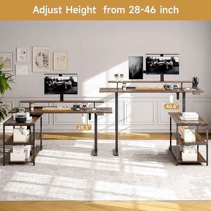 ONBRILL L Shaped Standing Desk with File Cabinet 55x24'' Electric Stand Up Desk with Monitor and Storage Shelf Adjustable Height 28-46'' for Home and Computer Workstation Walnut