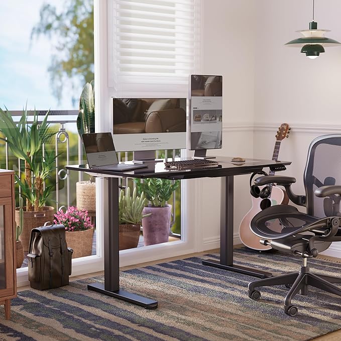 Claiks Glass Standing Desk with Drawers 48×24 Inch Electric Adjustable Height Stand Up Desk Quick Install Computer Desk Black