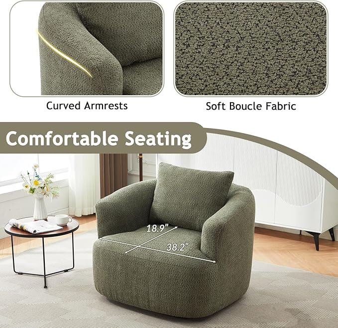 38.2 Swivel Accent Chair Boucle Green Upholstered Armchair Comfy Single Cloud Sofa Chair with Ergonomic Armrests &amp Throw Pillow for Nursery Living Room &amp Offices (Green)