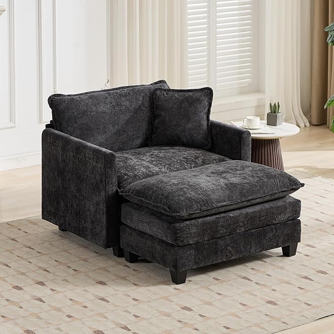 Black Ottoman for Modular Sectional Sofa Chenille Fabric Seat for Oversized Sectional Couches for Living Room Bedroom Apartment Cloud Sofa Couch Sofá para Sala