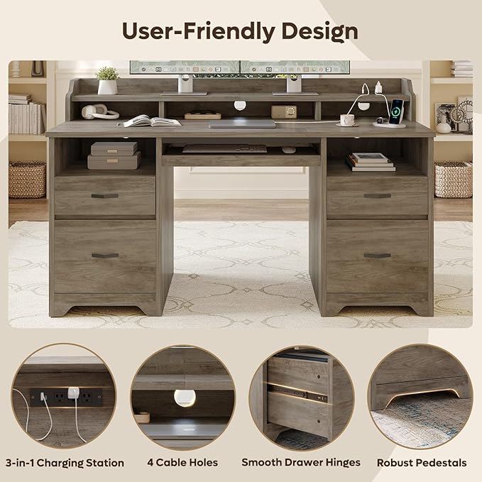 Bestier Farmhouse 59 Executive Desk with Drawers Wood Computer Desk with Charging Station Home Office Desk with Keyboard Tray &amp Monitor Stand Sturdy Pedestal Desk for Work Study Grey