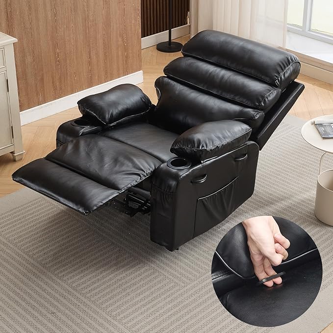PU Leather Recliner Chair with Heat &amp 8-Point Massage Extra Wide Manual Recliner for Adults q235 Steel Frame Side Pockets 1.5X Comfort Arm &amp Back Lazy Boy Sofa for Living Room or Bedroom