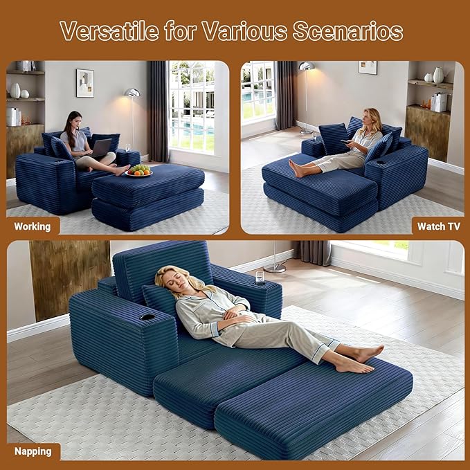 53 Oversized Chaise Lounge Chair Indoor Modular 3-in-1 Corduroy Boneless Chair Cloud-Like Cozy Comfy Sofa Bed Sleeper Couch for Reading Living Room Bedroom Blue