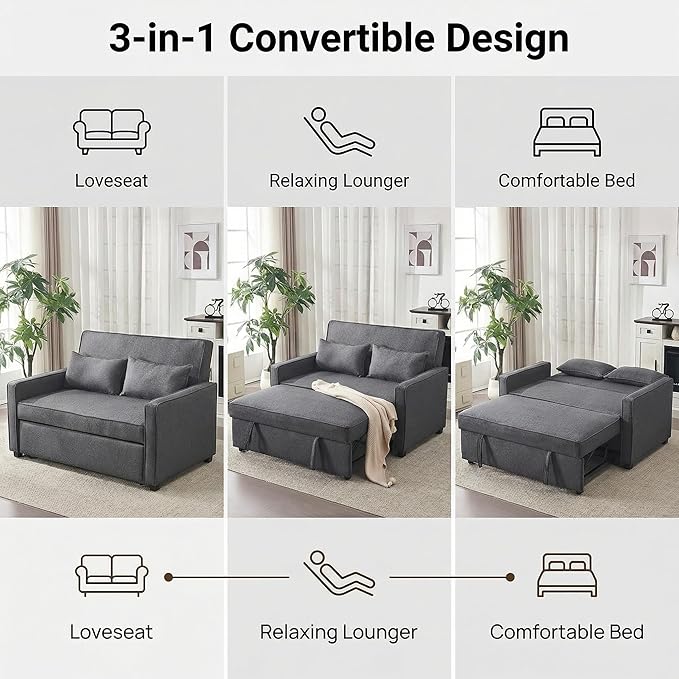 Furnimart Convertible 3-in-1 Sofa Bed with Adjustable Backrest Metal Frame Pull Out Couch Loveseat Sleeper Linen Sleeper Sofa for Living Room Apartment Small Space (Gray)