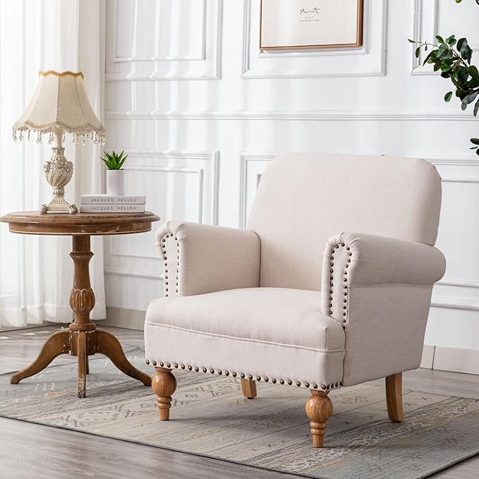 Beige Linen Fabric Accent Chairs Set of 2 Modern Farmhouse Upholstered Armchairs with Nailhead Trim &amp Ball Turned Legs French Country Club Chairs for Living Room Bedroom Guest Room