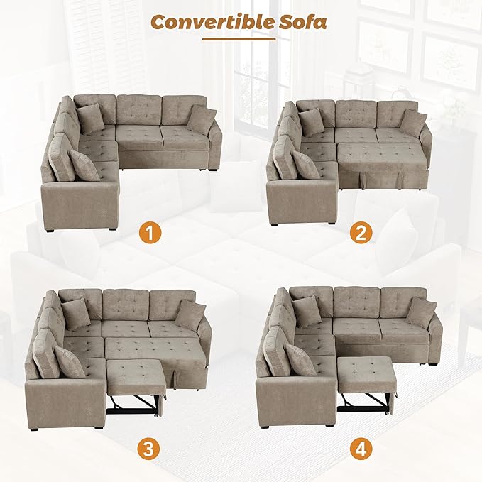 Velvet Fabric L-Shape Reversible Sleeper Sectional Sofa Couch 2 in 1 Pull Out Convertible Sofa Bed with Wheels and USB Ports for Living Room Apartment Office