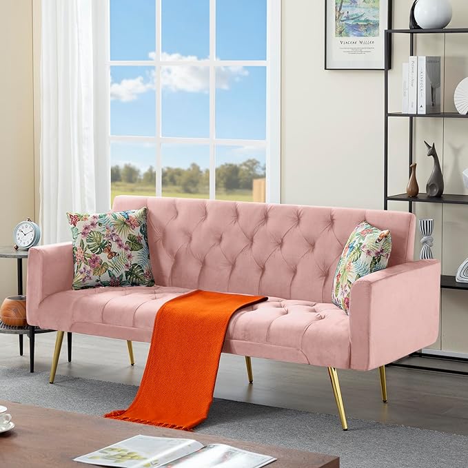 68.5” Futon Sofa Bed Convertible Futon Couch with Adjustable BackrestFolding Sofa Bed with 2 Pillows &amp Metal Legs Sleeper Loveseat with Armrest for Home Office (Pink)