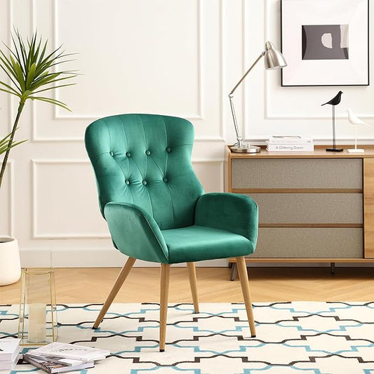 Hengming Accent Chair Modern Tufted Button Wingback Vanity Chair with Arms Upholstered Tall Back Desk Chair with Metal Legs for Living Room Bedroom Waiting Room(Green)