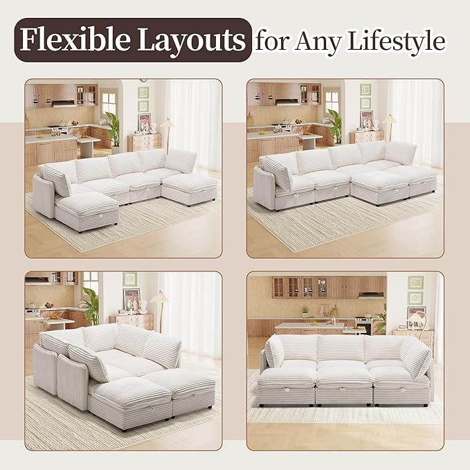 Oversized Corduroy Modular Sectional Couch with Hidden Storage Modern 6-Seater L/U Shaped Sofa Modular Sectional Sofa with Removable Covers &amp Ottoman for Living Room Apartment Gray