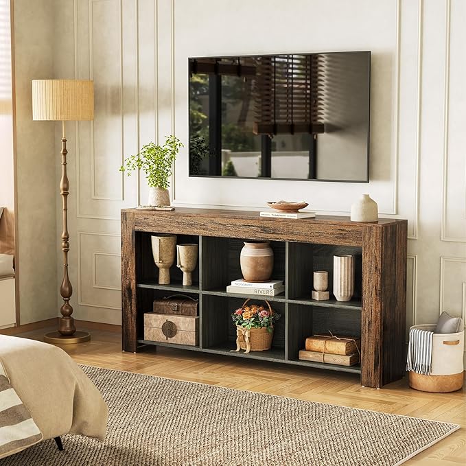 LITTLE TREE TV Stand with Storage 63-Inch Entertainment Center with Shelves Modern Media Console for Television up to 65 for Living Room Bedroom Brown + Black