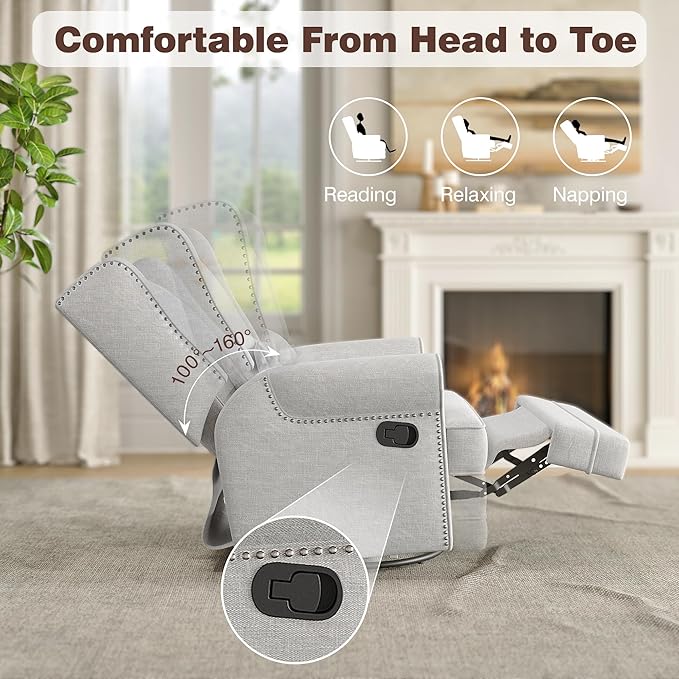 Swivel Recliner Chair with Extra Large Footrest Comfy Upholstered Glider Rocking Chair for Living Room Bedroom and Ofice Grey