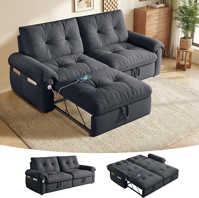 Sleeper Sofa Bed Queen Size Sofa Bed Convertible Pull Out Couch with Adjustable Backrest USB Port and Side Pockets Modern 2 Seater Small Couches for Living Room Space-Saving