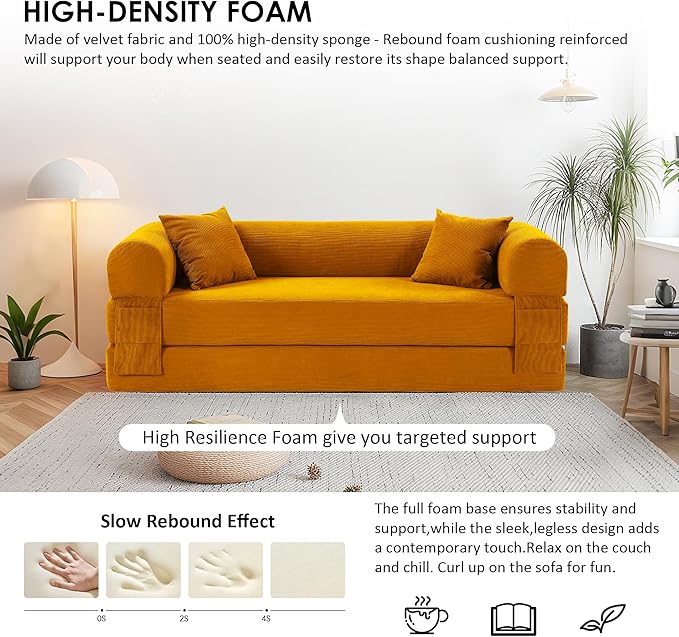 80 Convertible Sofa Bed Corduroy Deep Seat Folding Pull Out Couch with Pillows No Assembly Modern Boneless Couch Compression Sofa in Box Floor Sofa with Storage Pocket for Living RoomYellow