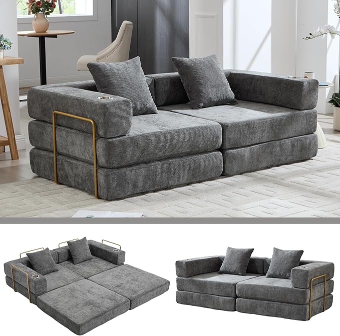 Convertible Sleeper Sofa Bed – 77'' 3-Seater Futon Couch with Corduroy Upholstery Pull-Out Floor Bed High-Density Foam No Assembly Perfect for Living Room Bedroom Apartment Studio (Grey)