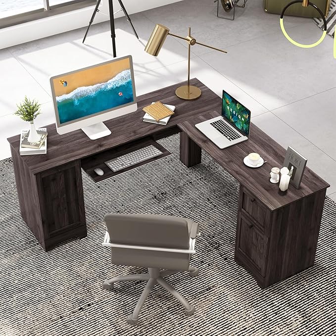 Nightcore L-Shaped Desk Home Office Desks with Keyboard Tray &amp Drawers Gaming Desk with Storage &amp Adjustable Shelf Corner Desk for Small Space Space-Saving Work Desk for Home Office (Dark