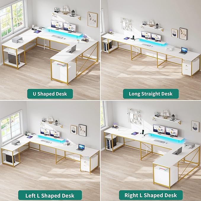 YITAHOME U Shaped Desk with Power Outlets &amp LED Lights 79 Reversible L Shaped Desk with Drawers Corner Computer Desk Office Desk with Monitor Stand &amp Storage Shelves White &amp Gold