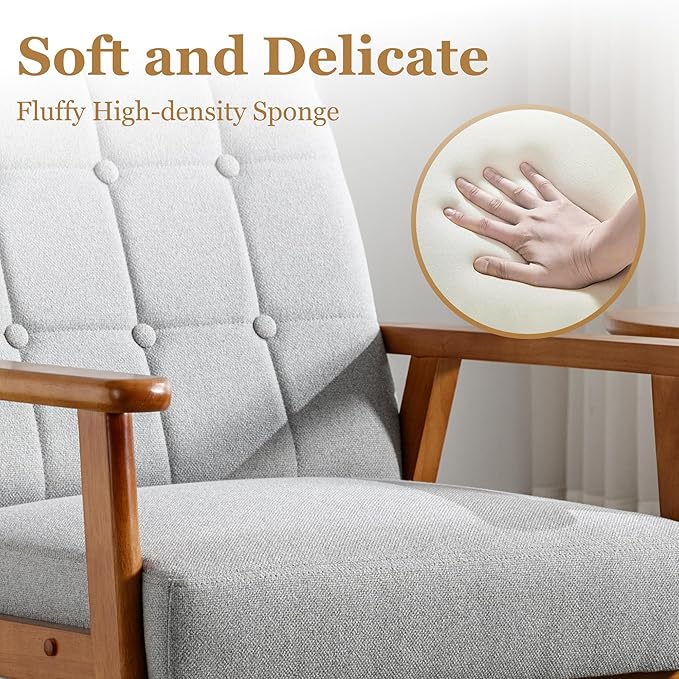 Linen Accent Chair Set of 2 Mid-Century Modern Armchair with Solid Wood Armrests Button-Tufted Comfortable Cushioned Reading Chairs for Living Room Bedroom (Light Grey