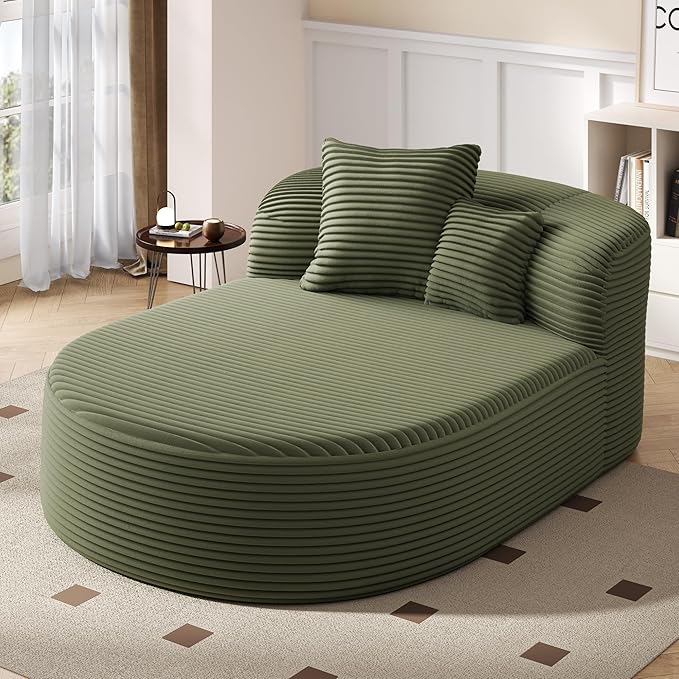 Modern Corduroy Fabric Chaise Lounge Chair Indoor Boneless Couch 51.6 Sofa Bed with Two Supportive Pillows for Living Room Office (Green/R1)