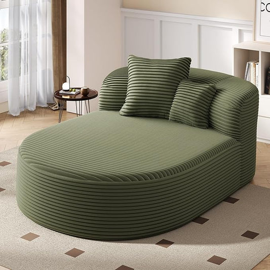 Modern Corduroy Fabric Chaise Lounge Chair Indoor Boneless Couch 51.6 Sofa Bed with Two Supportive Pillows for Living Room Office (Green/R1)