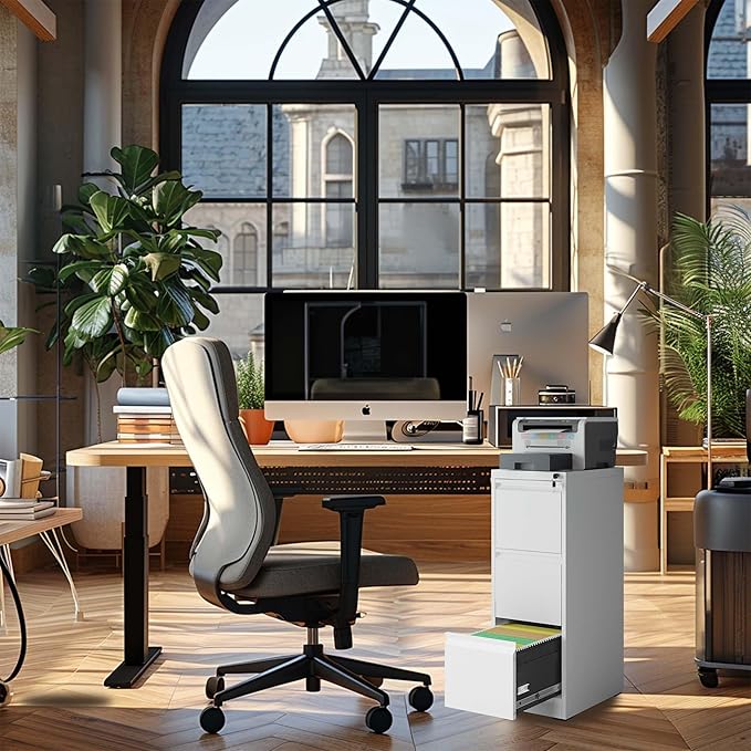 3 Drawer Metal Vertical File Cabinet with Lock Office Home Steel Vertical File Cabinet for A4 Legal/Letter Size (White)