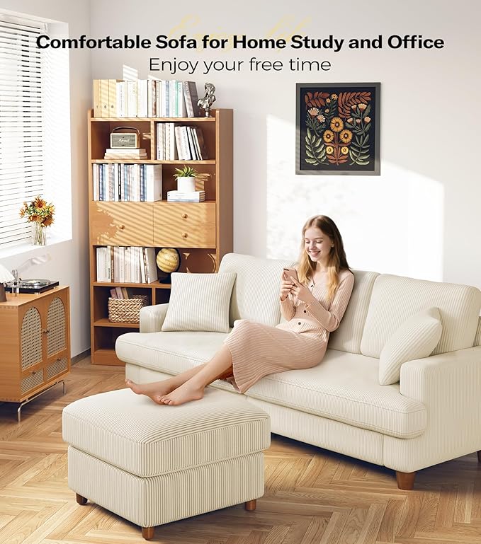 87in Corduroy Couch Kidirect Sofa No Tool Assembly Comfy Couches for Living Room 21in Deeper Seats Corduroy Sofas for Living Room with 2 Pillows Oversized Loveseat Sofa Boho Love Seat Beige Couch