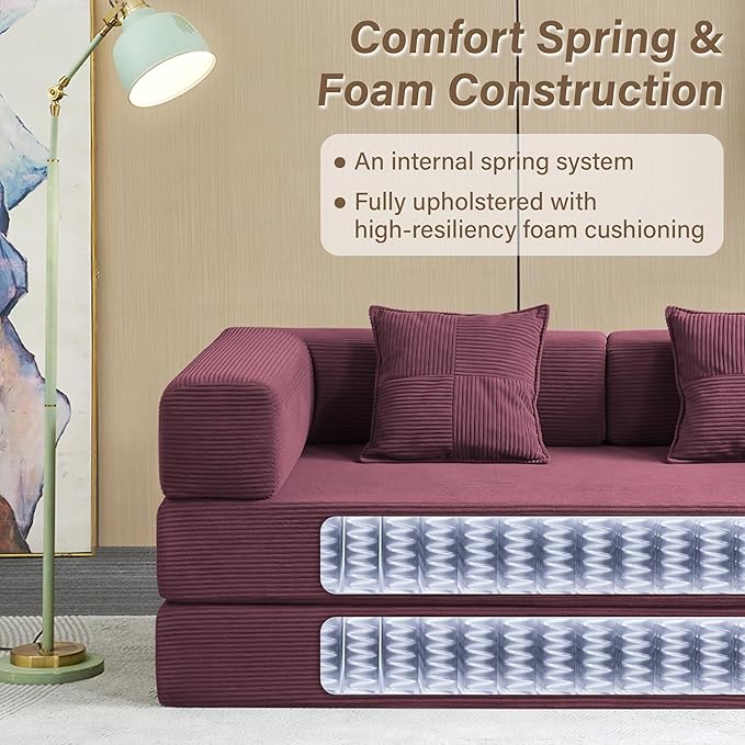 Compression Sofa - 78''Convertible Floor Sofa Bed - with Pillow Back Support Armrest - Comfy Foldable Sofa Bed Compressed Sofa in Box - Corduroy Fabric - for Living Room Bedroom - Burgundy