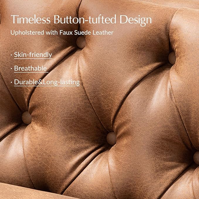 HULALA HOME 84 W Faux Leather Sofa Couch with Metal Legs Button-Tufted 3-Seater Sofa Mid Century Modern Upholstered Couch for Living Room Entertainment Area ApartmentCamel