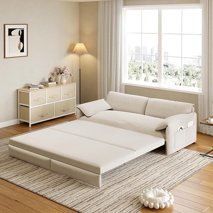 healthomse 66 Queen Size Sleeper Sofa Bed 3-in-1 Convertible Pull Out Sofa Bed with Side Storage Modern Velvet Loveseat for Living Room Bedroom Apartment Office Lounge (Beige 66inch)